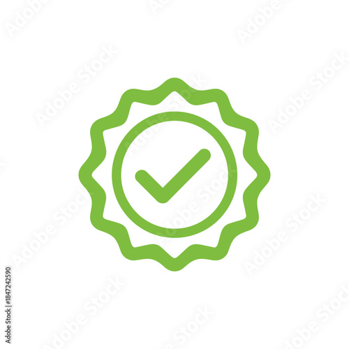 An isolated rosette with a green check mark signifies validation and completion on white background