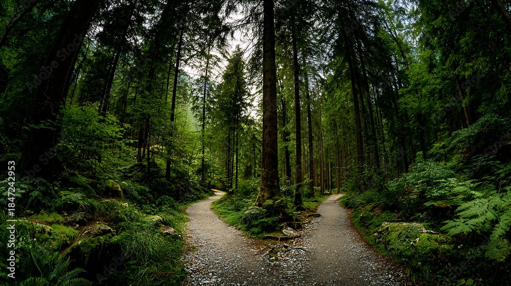 Obraz premium Forest Path Diverges Two Gravel Trails Through Lush Green Woodlands