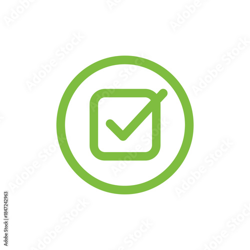 Green checkmark enclosed within a square inside a circle validates a selection process