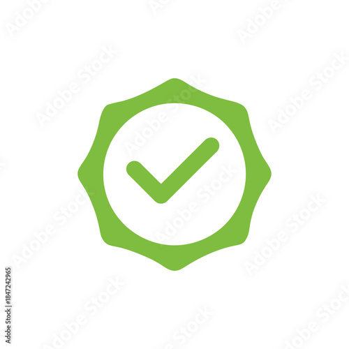 Green check mark within an ornate circle indicates the item is approved on white background