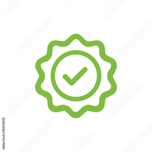 Green rosette checkmark displays an approved icon showing verified validation on a white background