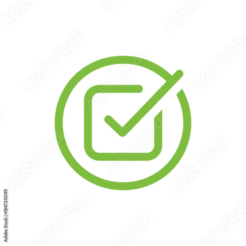 Green tick inside square within circle signifies approval and correctness on white