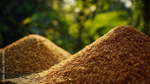 Wallpaper Mural Heaps of Golden Rice Grains with Blurred Green Foliage Background Torontodigital.ca