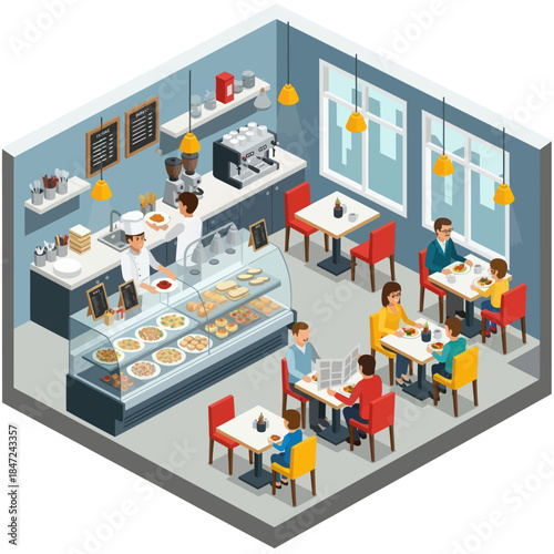 Isometric View of Modern Cafe Interior.