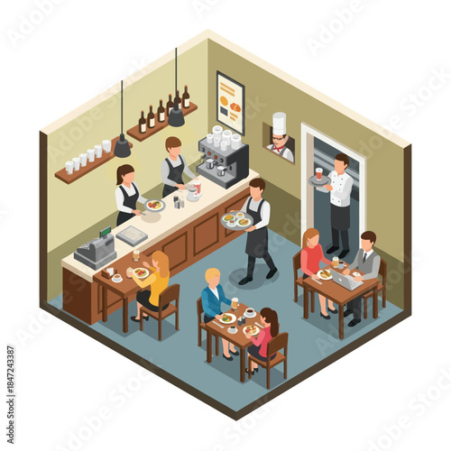 Restaurant Scene with Customers and Staff.