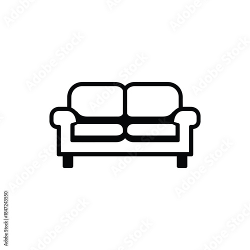 A stylized black couch sits squarely against a stark white background gracefully