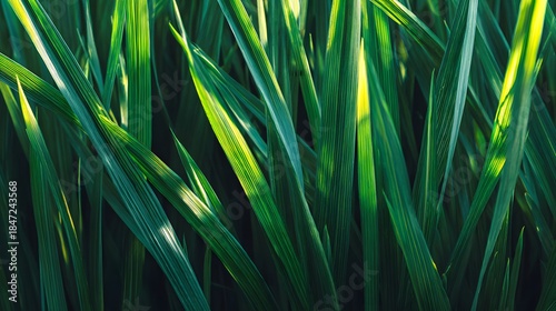 Close-up of Vibrant Green Grass Blades Illuminated by Sunlight.