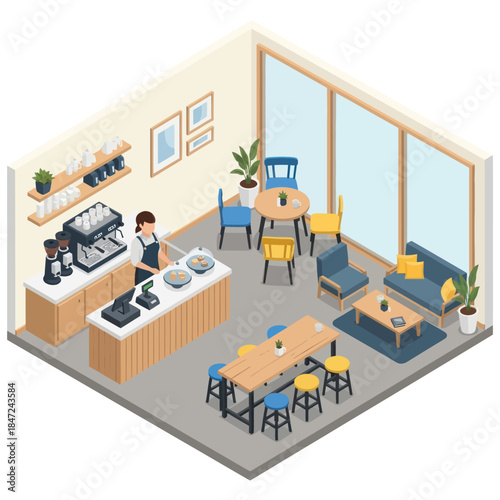 Modern Coffee Shop Interior with Furniture.