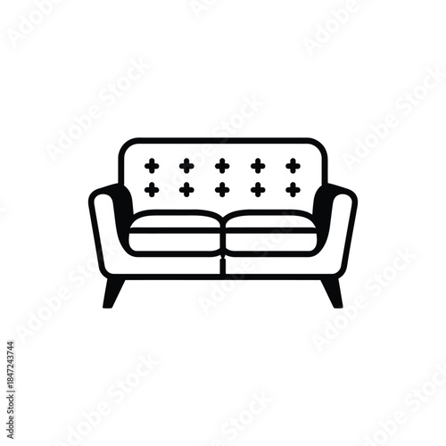 Black line art depicts a sofa with a cross design on white background