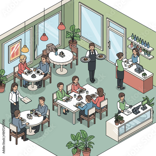 Restaurant Staff and Customers Dining Area Scene.