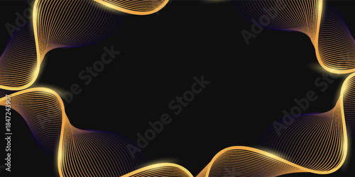 Abstract luxury with shining gold lines waves on black background. Futuristic background of flowing gold lines for banner, poster, cover, brochure, flyer, website