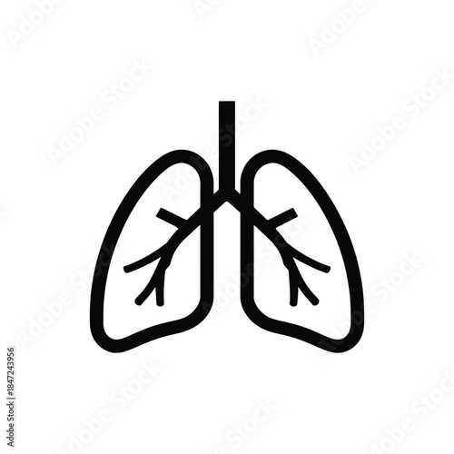 Black lung outline depicting respiratory system shows the organ in detail on white background