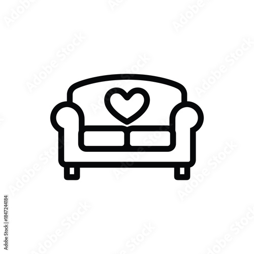 Black outline sofa features a prominent heart symbol on the backrest displayed nicely on white background