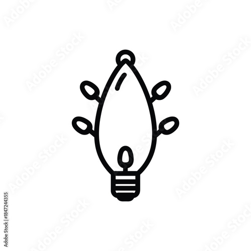 Light bulb outline has filament and adornments on a white background