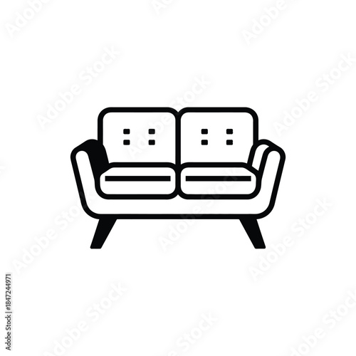 Two seated sofa is depicted in black and white over white background