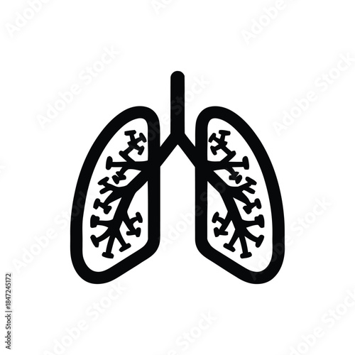 Human lungs are illustrated in black with the virus attached over white background