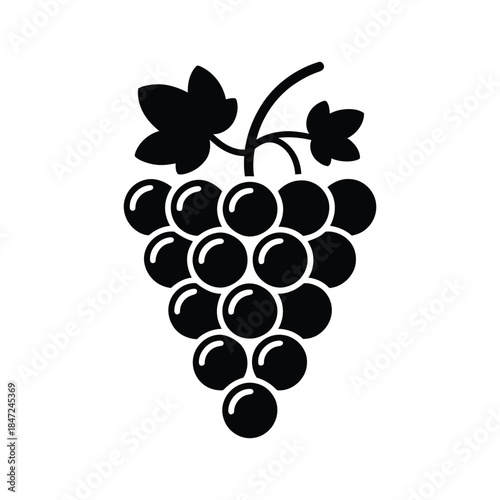 A minimalist black icon of grapes with leaves on white background is clearly visible