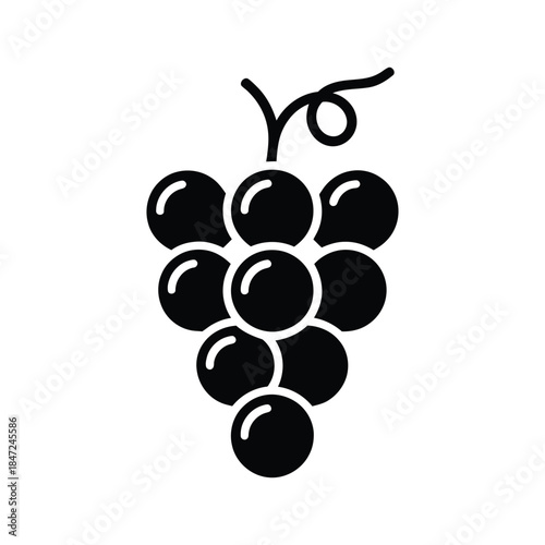 Black grape cluster showcases a simple icon with a vine against white background