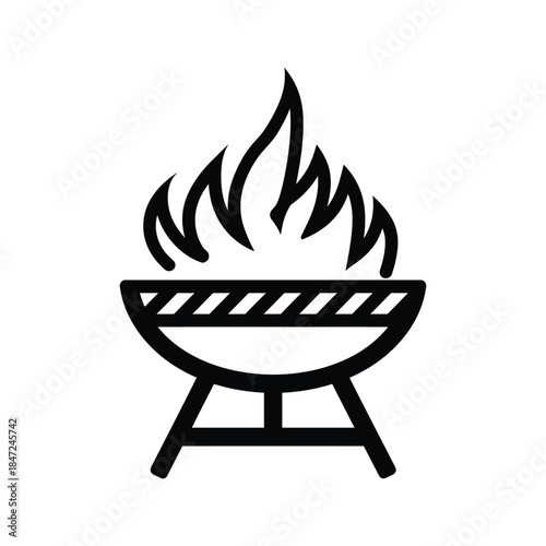 Black outlined barbecue grill emits fire flames against white background cleanly shows summer cookout