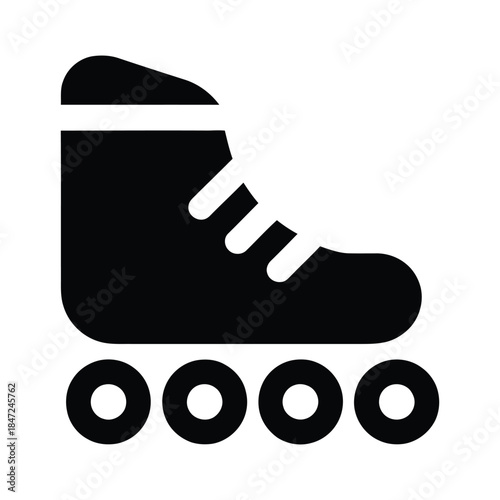 Black roller skate with four wheels suggests recreation and exercise on white background