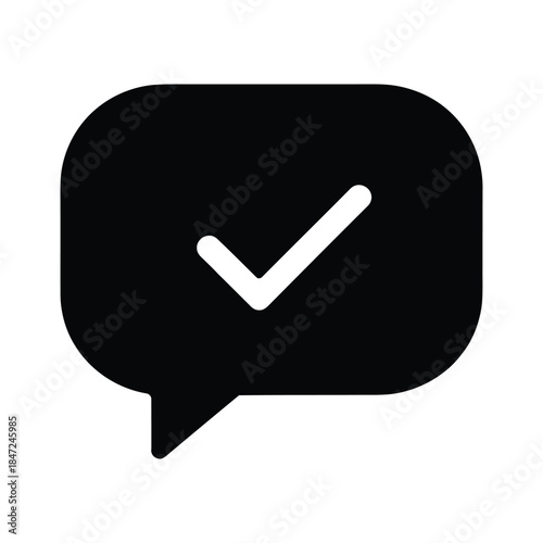 Black speech bubble displays a white check mark against white background
