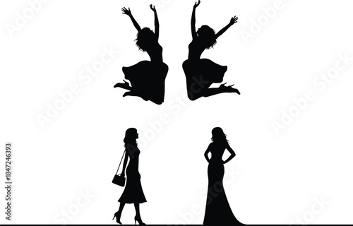 Female silhouette poses showing joy confidence fashion elegance and freedom through jumping walking and standing illustrating expressive modern womanhood