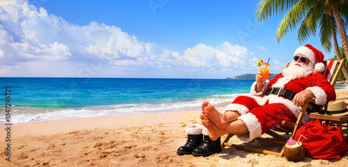 Fototapeta Naklejka Na Ścianę i Meble -  Santa Claus relaxing on a tropical beach vacation