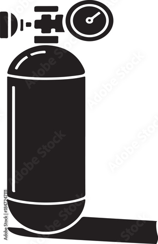 Black silhouette of a scuba diving oxygen tank with pressure gauge gas cylinder regulator