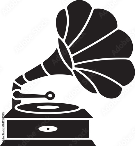 Black silhouette of an antique gramophone with a large horn and turntable phonograph