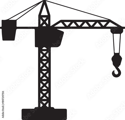 Black silhouette of a tower crane with a hook on a white background construction crane