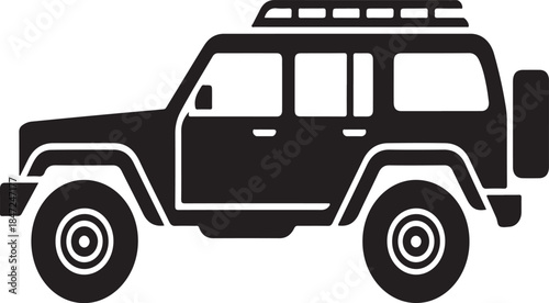 Black silhouette of an off road vehicle with spare tire and roof rack