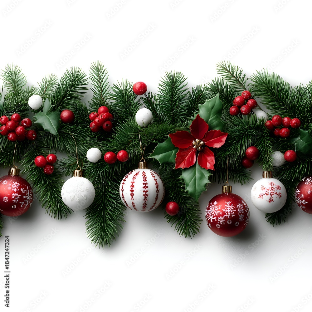 Fototapeta premium Festive evergreen garland adorned with red and white ornaments, berries, and poinsettias on a white background creates a cheerful holiday scene.