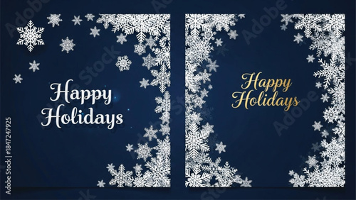 Happy Holidays Snowflake Frame on Dark Blue Background, Elegant Winter Christmas Greeting Design