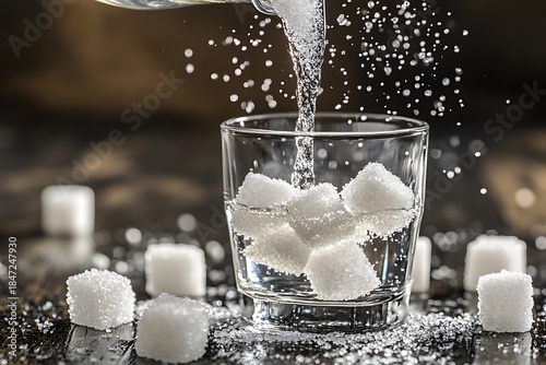 In the glass, sugar cube is being poured upon for a sweet beverage