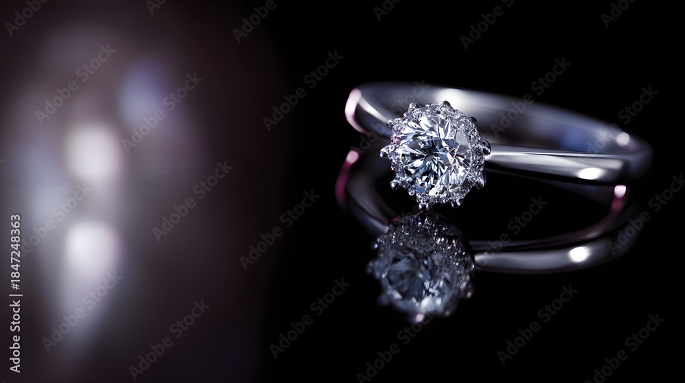 Fototapeta premium Elegant Diamond Engagement Ring Sparkling on a Reflective Black Surface.