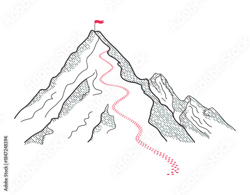 Mountain Climbing Route to Top Rock, a vector illustration showing a path with a red flag on the peak, symbolizing business journey, progress