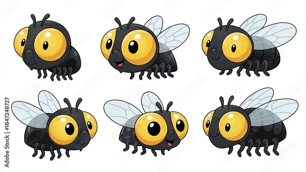 Obraz premium Cute Cartoon Fly Character Vector Set, Funny Insect Mascot with Big Eyes in Various Poses