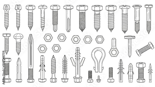 Industrial Hardware Fasteners Vector Set, Collection of Screws, Bolts, Nuts, and Wall Plugs in Line Art Style