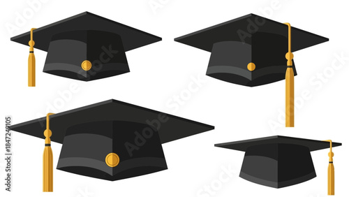 Realistic Graduation Cap Vector Set, Black Mortarboard with Gold Tassel in Various Angles and Perspectives