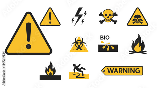 Yellow warning sign and hazard symbol set including high voltage toxic and slippery icon vector illustration