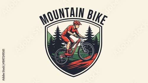 Mountain bike sport logo badge featuring rider going downhill in forest shield vector illustration design
