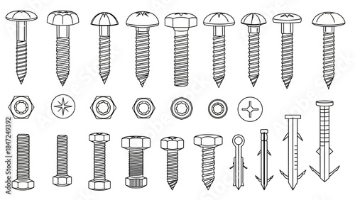 Collection of metal screws bolts and wall anchors outline icon set construction hardware vector illustration