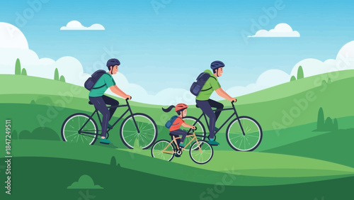 Happy family riding bicycles in green nature park landscape father mother and child cycling together vector illustration
