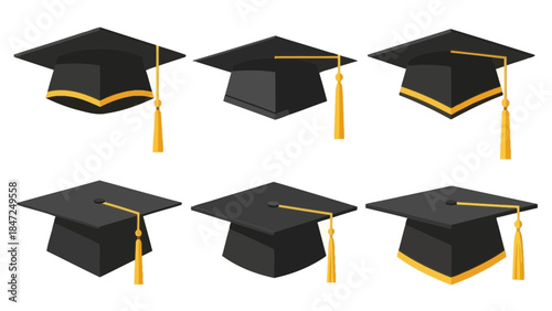 Black graduation cap mortarboard vector illustration set with golden tassels university student hat collection isolated