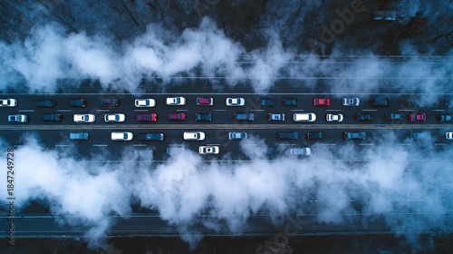 Aerial view of a congested highway, with vehicles stuck in traffic surrounded by a cloud of smoke, highlighting urban pollution and transportation challenges.