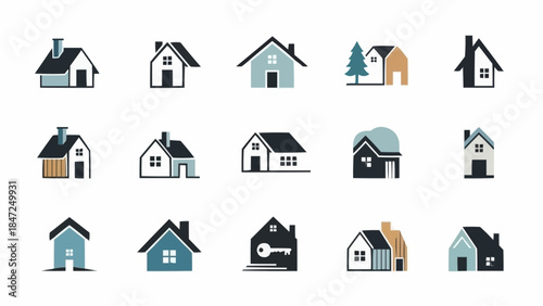 Collection of stylized house icons in various designs and colors.