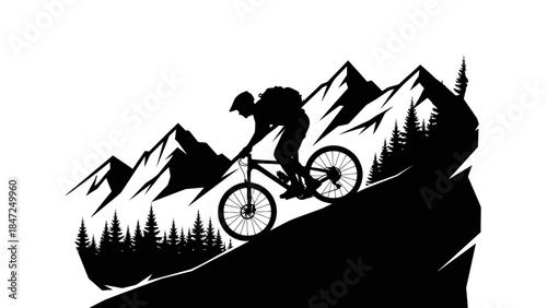 Mountain bike rider silhouette riding downhill against mountain range landscape background vector art