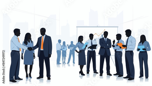 Business professionals collaborating and shaking hands in a meeting.