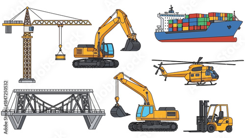 Industrial logistics and construction transportation vehicle set vector illustration collection
