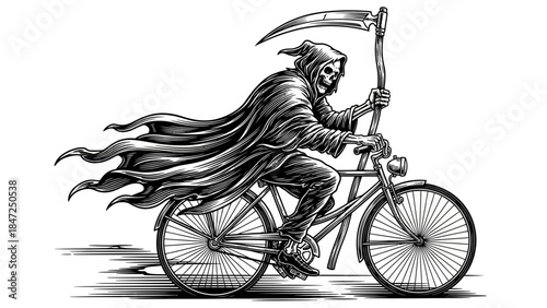 Grim reaper skeleton riding bicycle hand drawn black and white tattoo style vector illustration